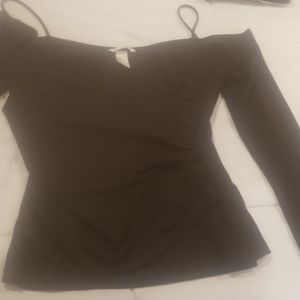 Long sleeve black sheer plunging neck top